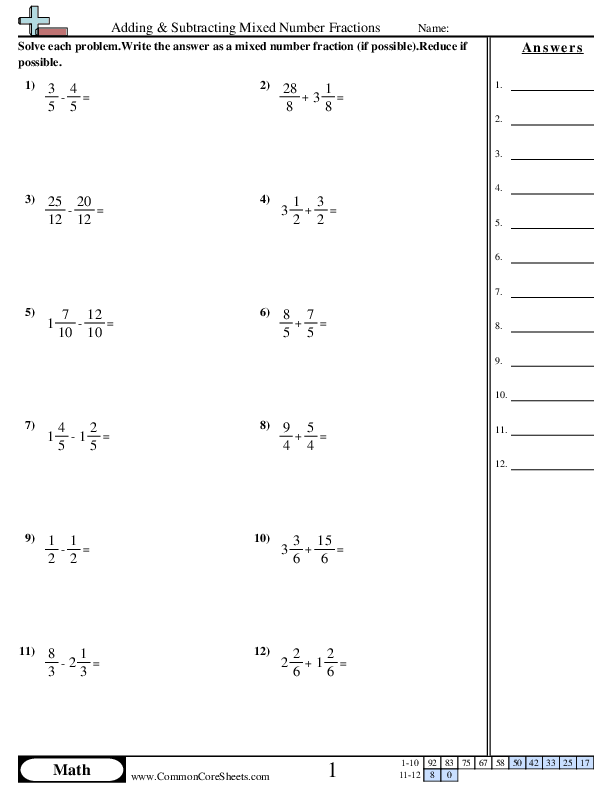 Mixed Fractions (Same Denominator) Worksheet - Mixed Fractions (Same Denominator) worksheet
